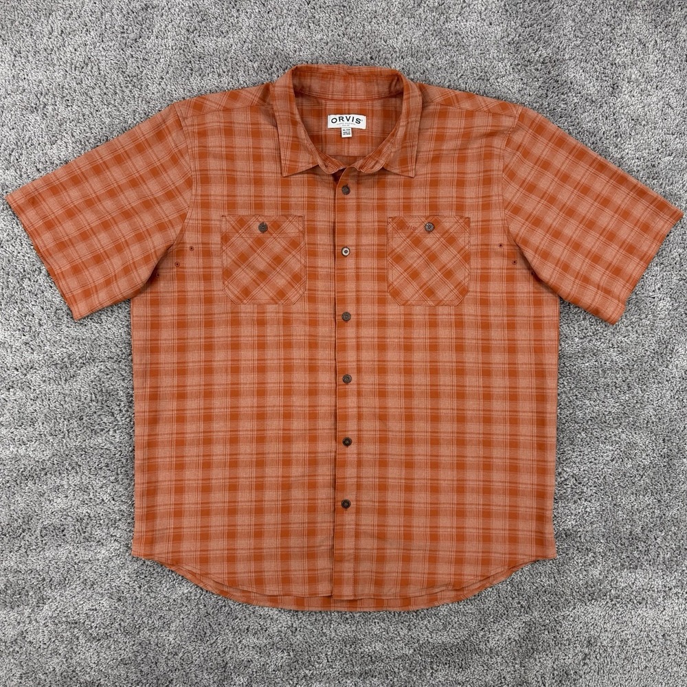 Orvis Tech Chambray Shirt Men XL Plaid Short Sleeve Button Down Fishing Outdoors